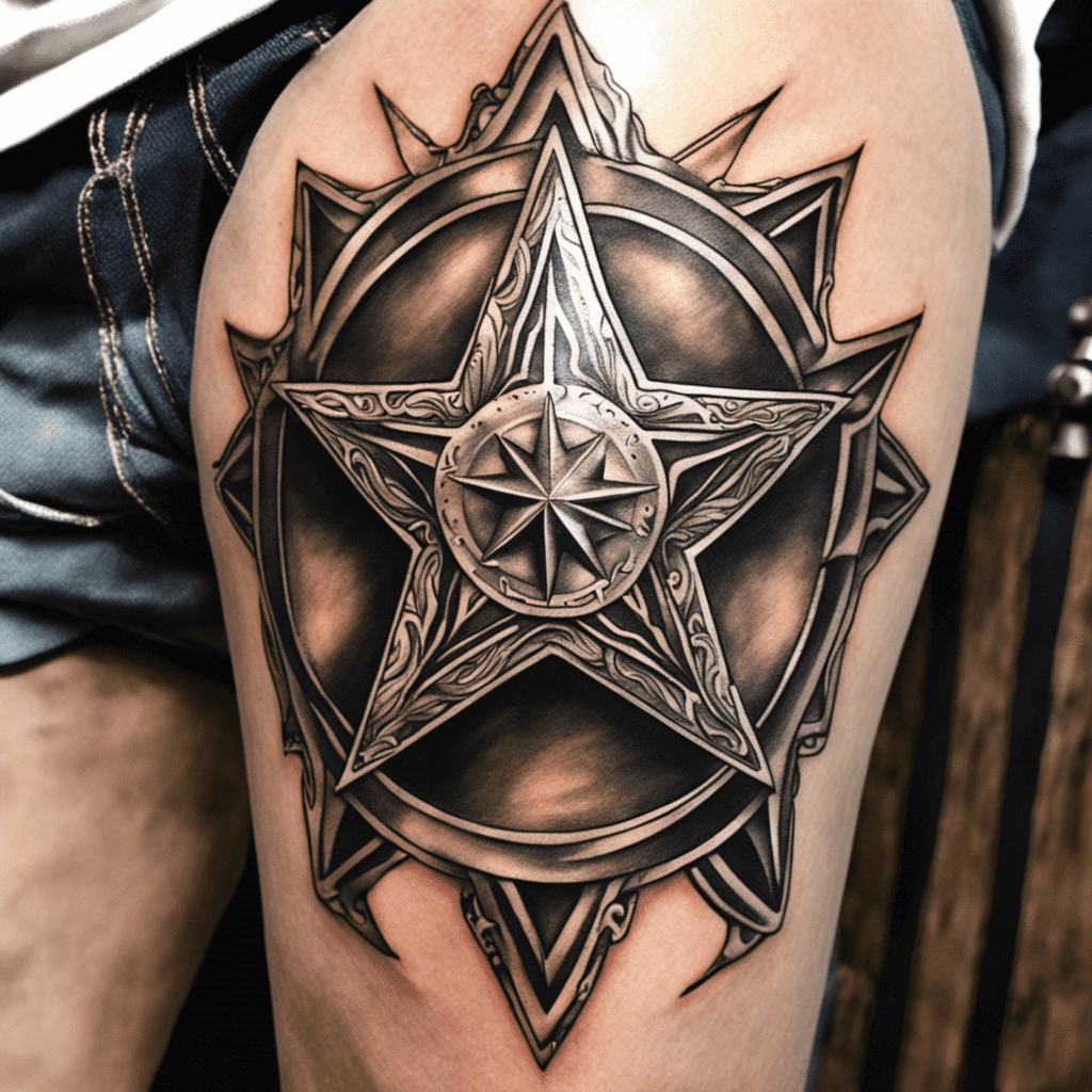 Alt text: A detailed tattoo of a compass star with intricate lines and shading on a person's thigh.