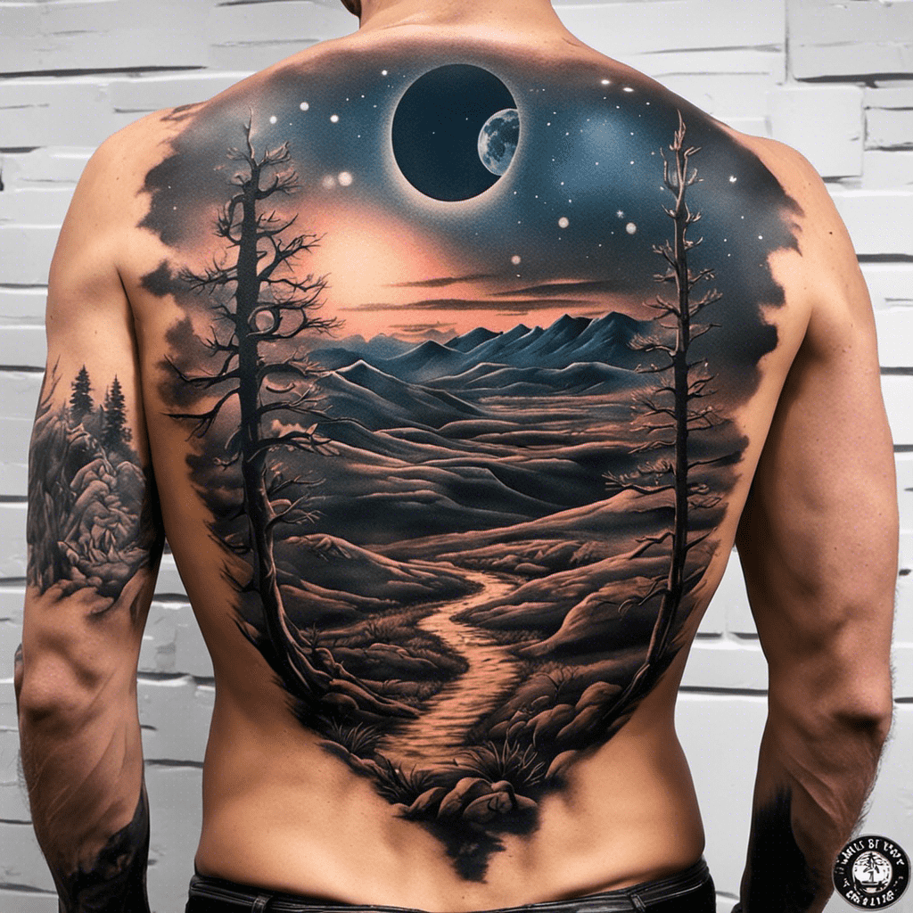 A detailed back tattoo depicting a night landscape with mountains, trees, a river, and a starry sky with a crescent moon.