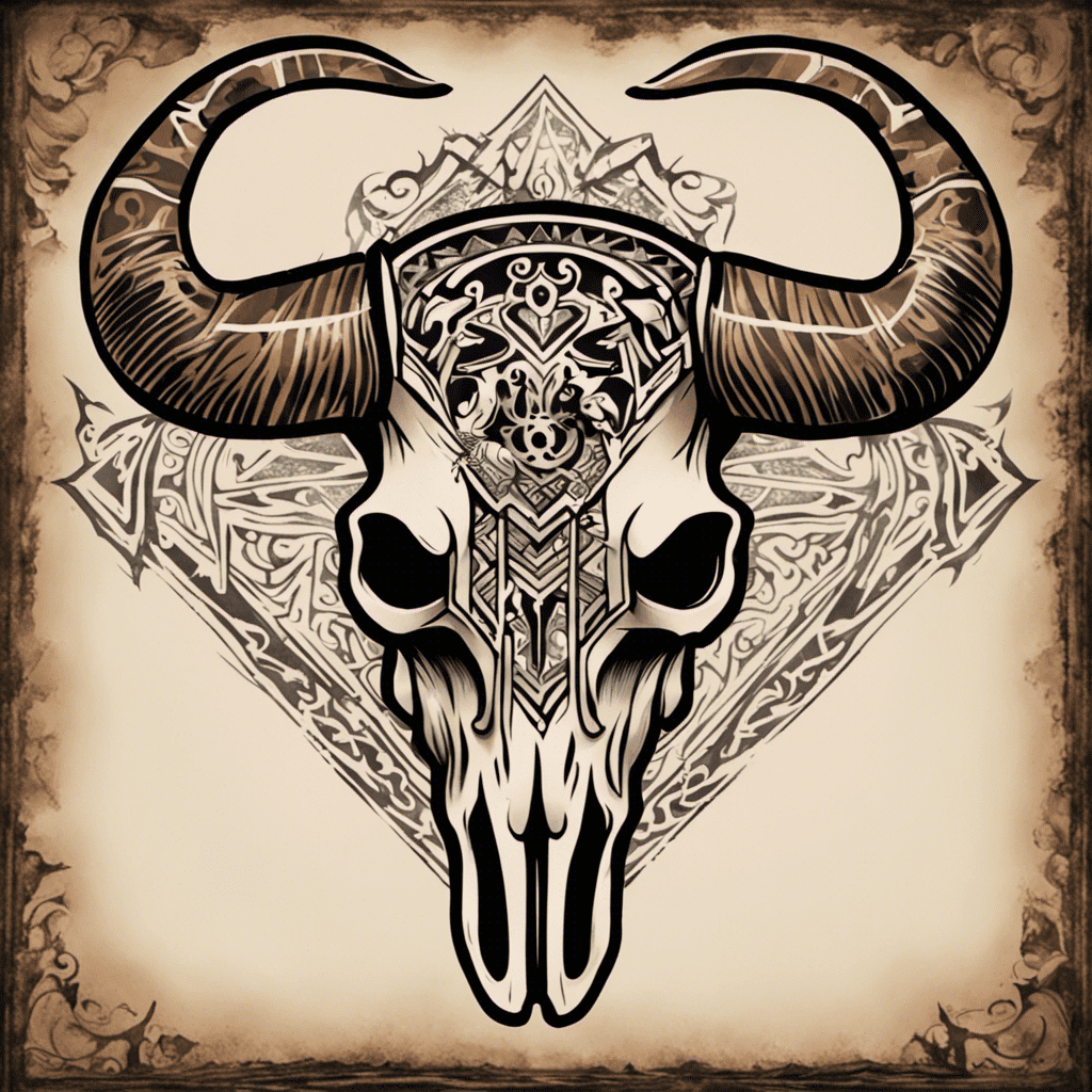 An ornate illustration of a buffalo skull with long curved horns set against an aged paper background, featuring intricate tribal patterns and symbolic designs.