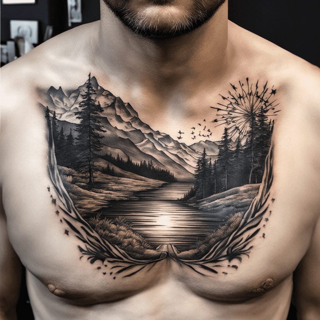 A detailed black and grey chest tattoo featuring a nature scene with mountains, trees, a lake, and birds on a person's torso.