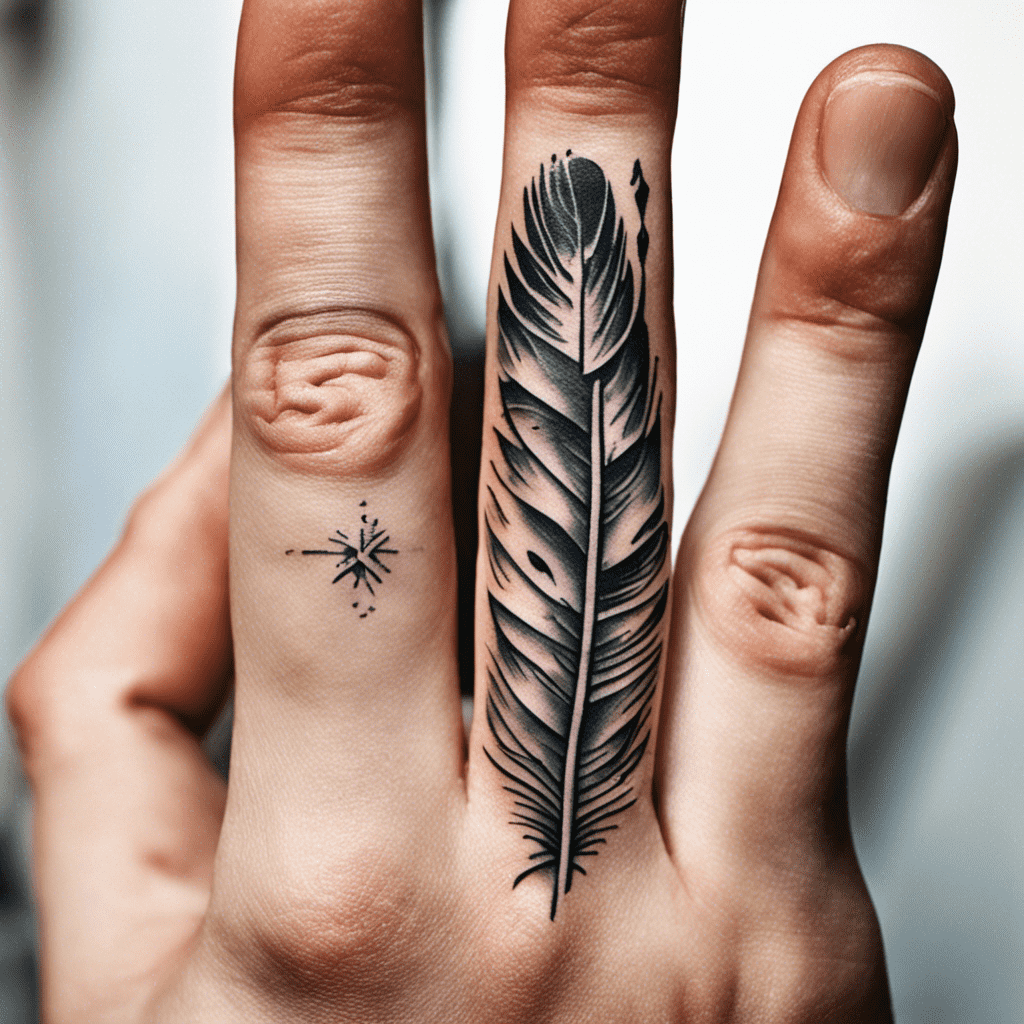 A detailed black ink feather tattoo running down the length of a person's finger.