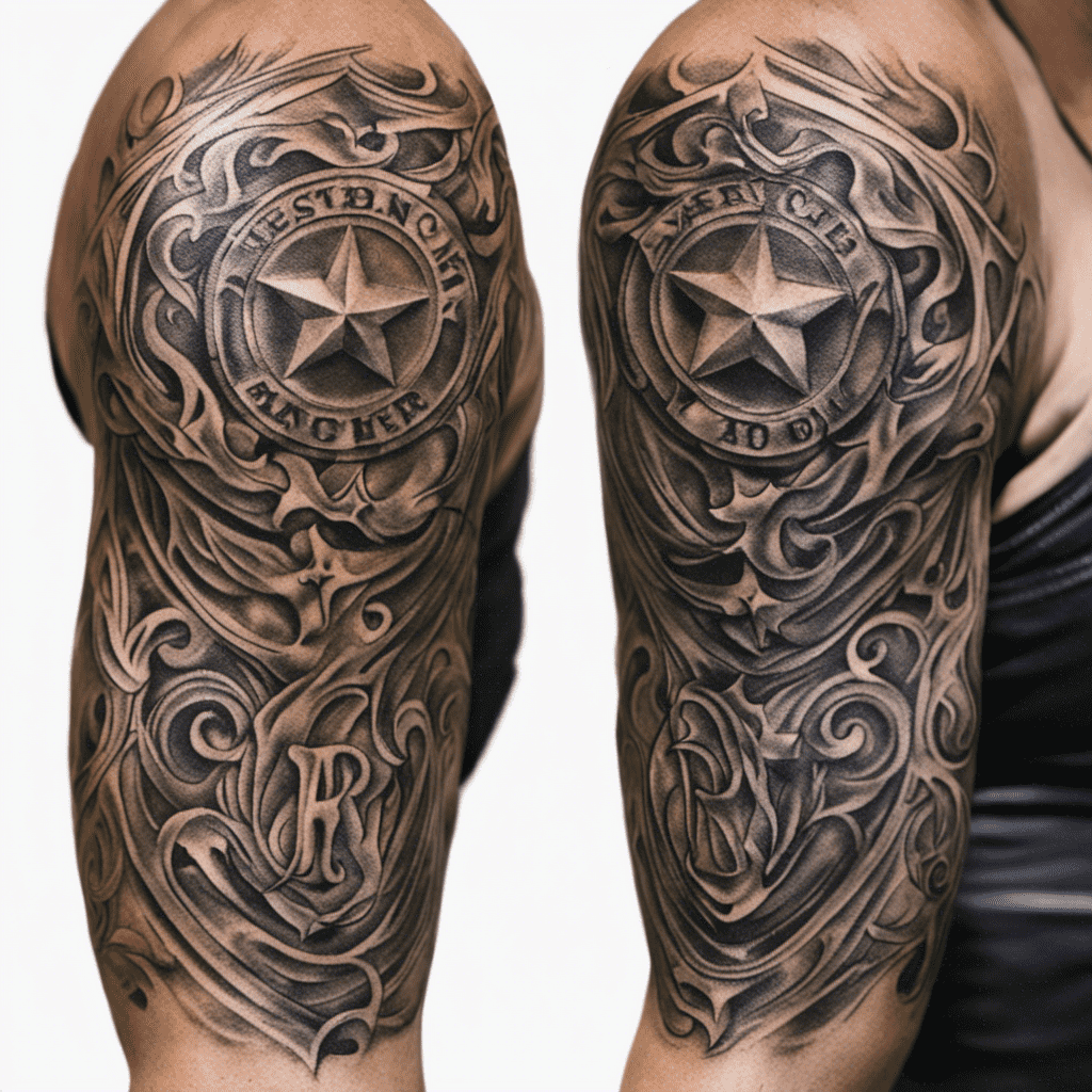 A detailed image showing a pair of tattoos on someone's arms featuring intricate designs with stars, ornamental patterns, and letters.