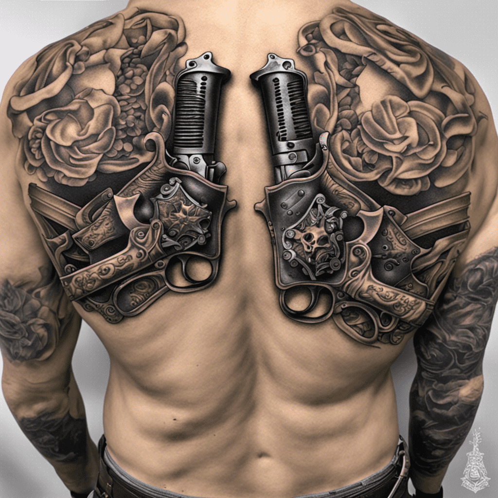 Alt text: A shirtless person with an elaborate tattoo of two guns tucked into a waistband across the chest, surrounded by detailed rose designs on both shoulders.