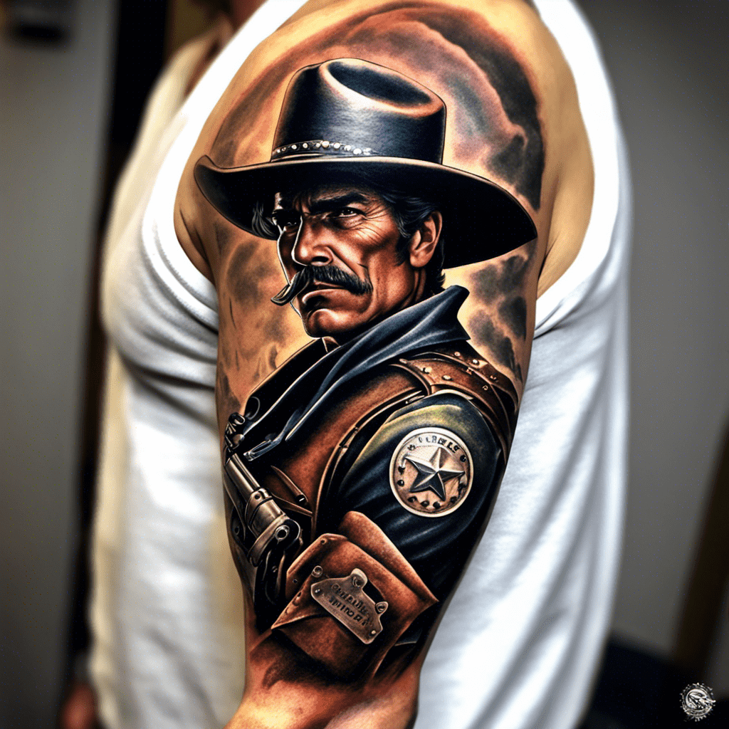 An intricate tattoo of a stern-looking cowboy with a hat and a badge on someone's arm.