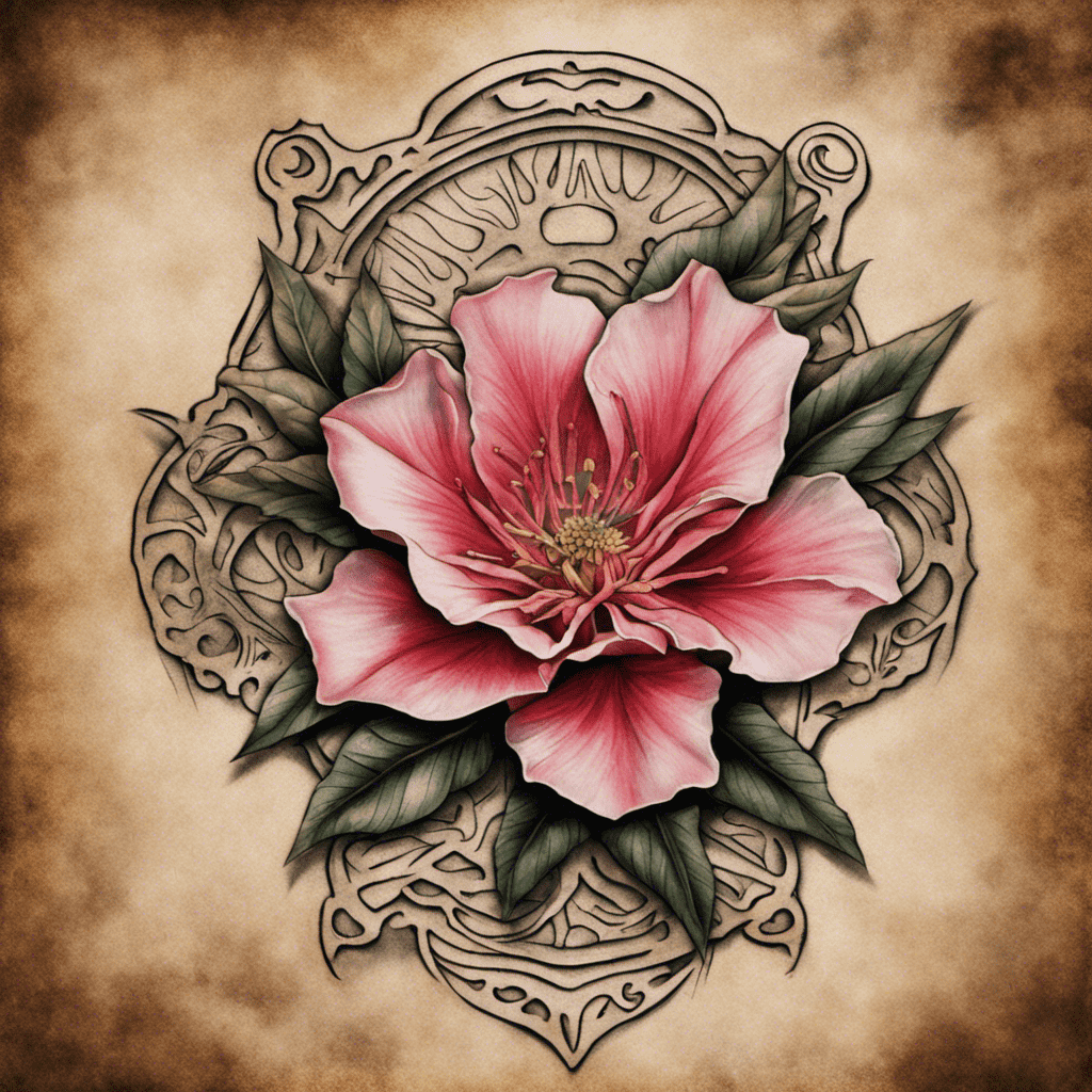 Alt text: A digitally illustrated image of a vibrant pink flower with lush green leaves set against an ornate, symmetrical, sepia-toned, lace-like background pattern.