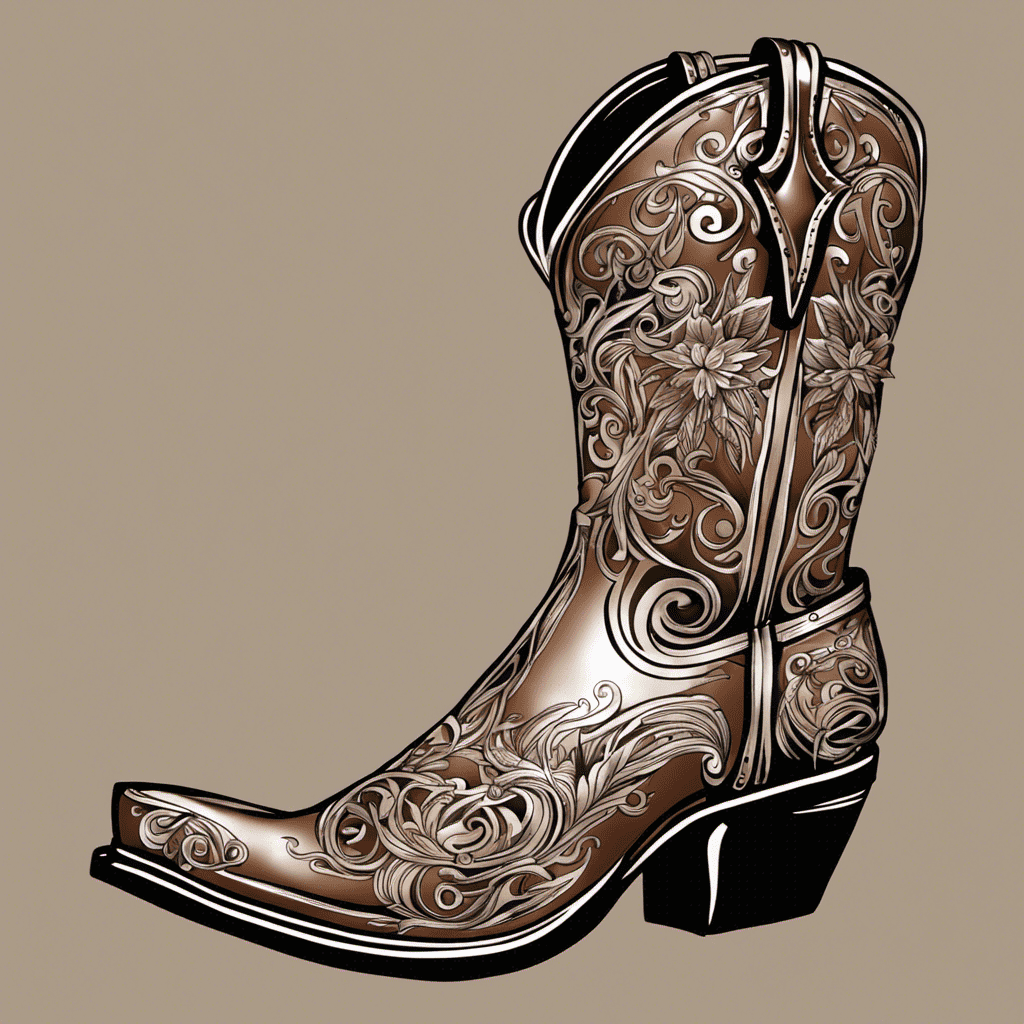 An illustrated image of a decorative cowboy boot with intricate floral patterns on a tan background.