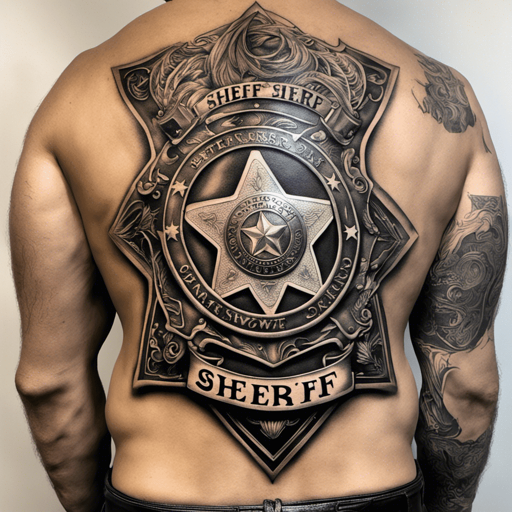 A person's back with an elaborate and detailed tattoo of a sheriff's badge and ornate designs.