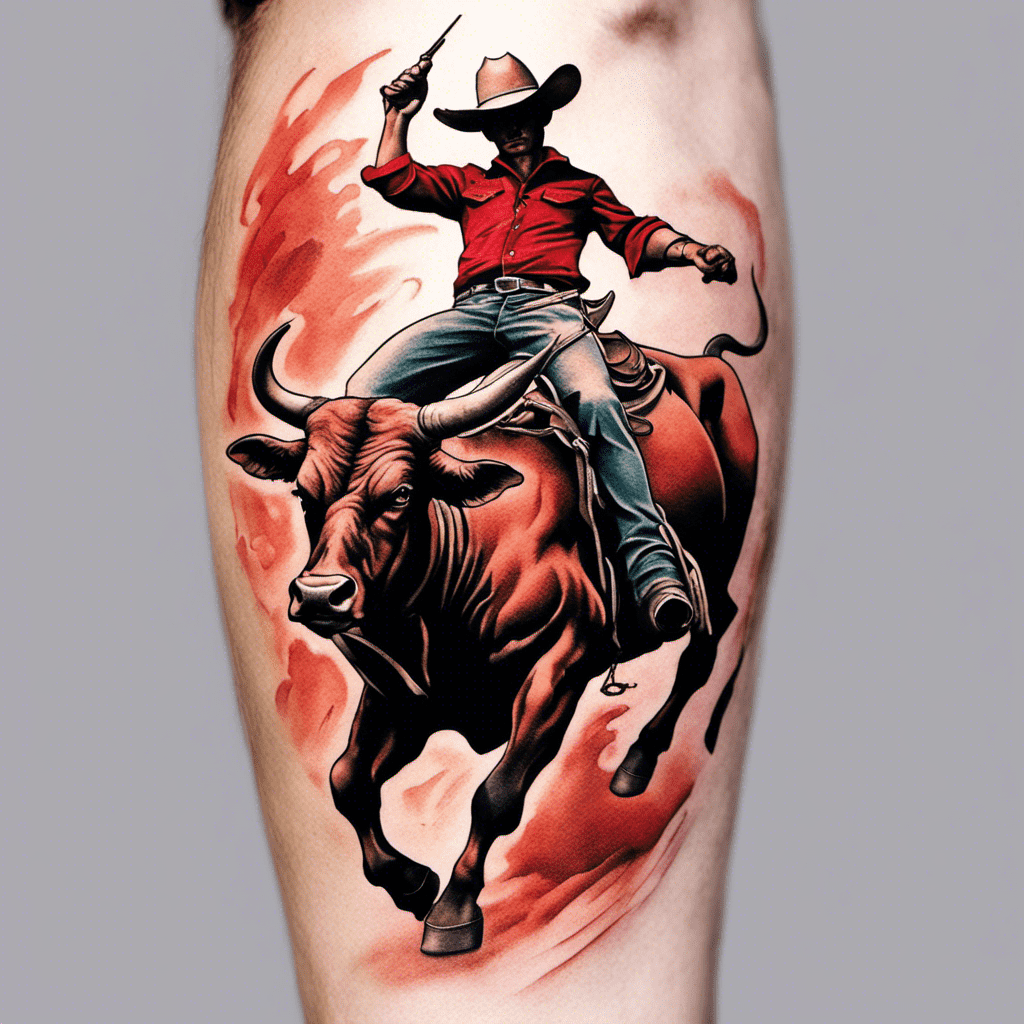 Illustration of a cowboy riding a bull with a fiery background tattooed on a person's arm.