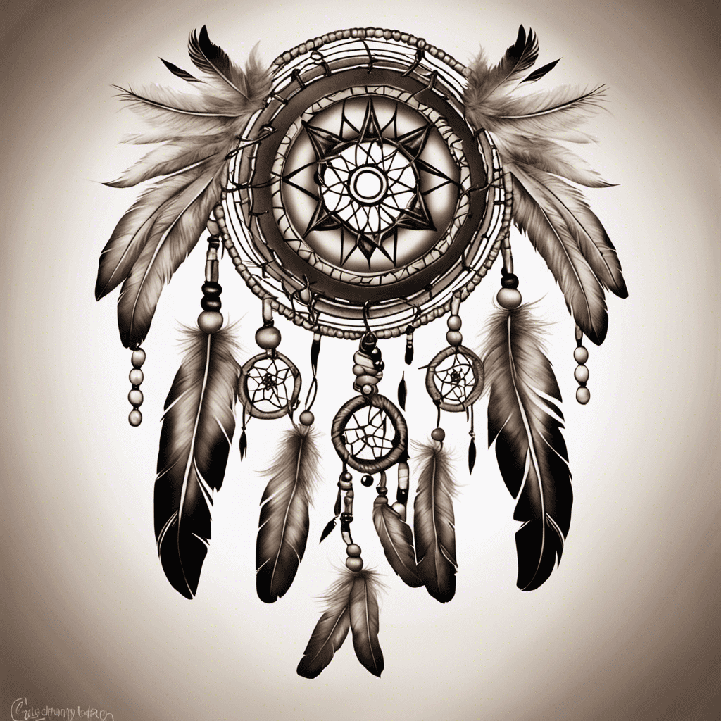 An illustrated image of a dreamcatcher with intricate patterns and feathers in a grayscale color palette.