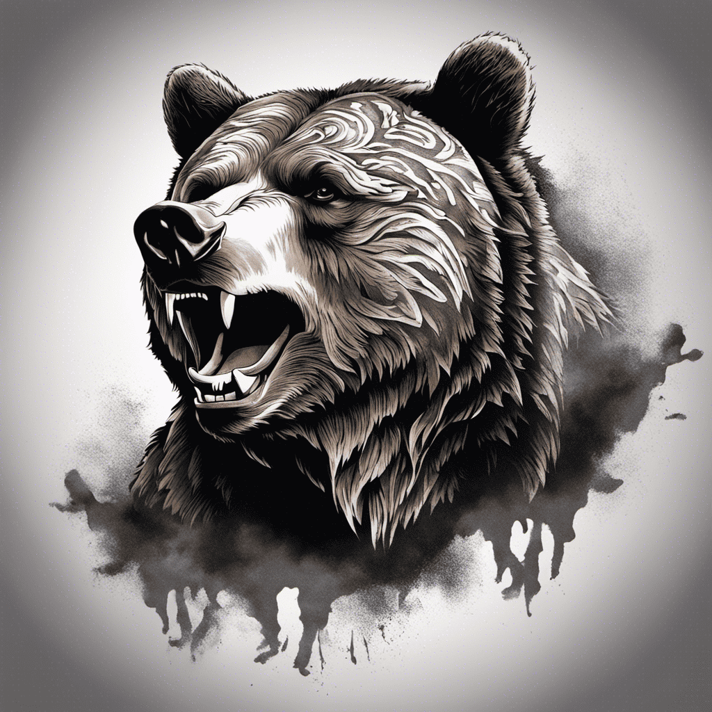 Black and white graphic of an aggressive bear with its mouth open in a roar, against a background with splattered ink effects.