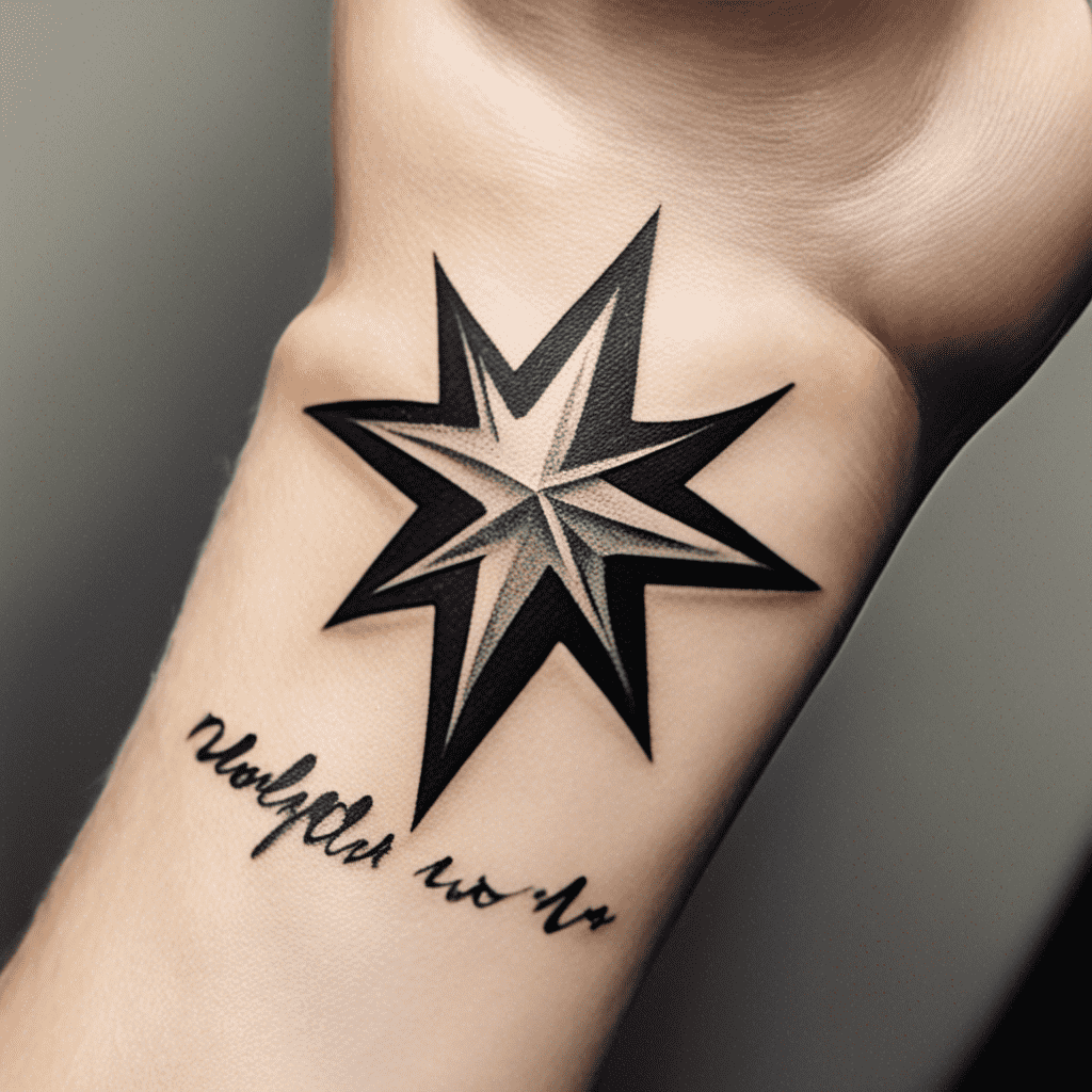 A black and gray nautical star tattoo on a person's wrist with cursive lettering beneath it.