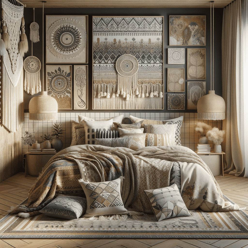 A bohemian-style bedroom featuring a wall decorated with an eclectic mix of mandala art, macramé pieces, and decorative plates in neutral tones, above a bed adorned with textured bedding and pillows.