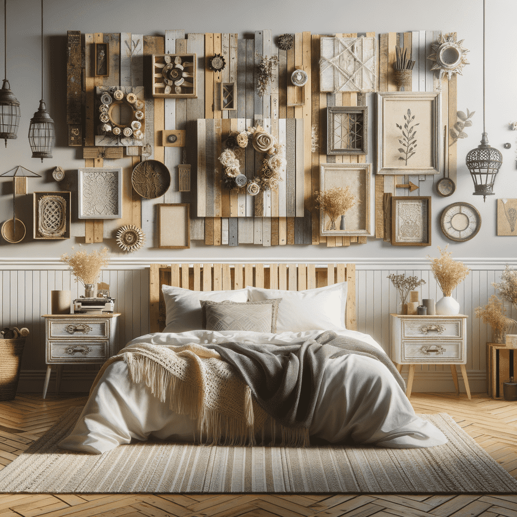 A cozy bedroom featuring a wooden bed with white and beige bedding, a unique wall decor composed of various rustic wooden panels, artworks, and plant motifs, complemented by two nightstands with table lamps, set against a white-paneled wall and on a herringbone-patterned wood floor.