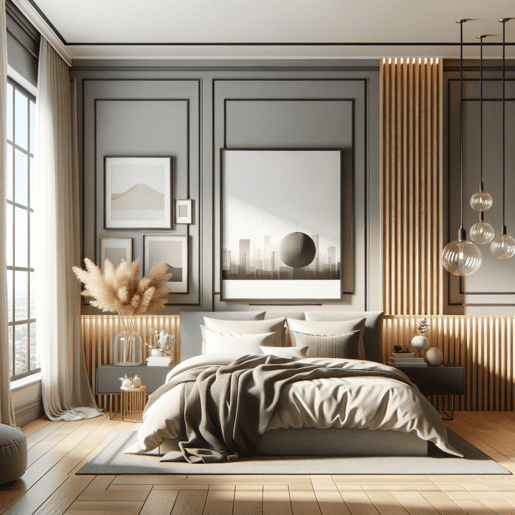 A modern bedroom with wall decor featuring framed artwork above the bed, with a geometric theme and neutral colors, complemented by elegant wall paneling and stylish decorative elements.