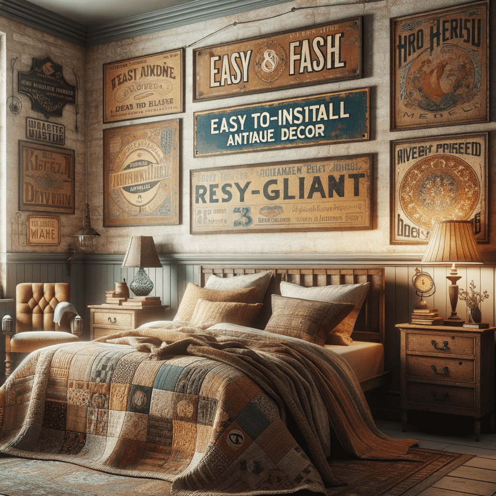 A cozy bedroom with a rustic theme featuring a bed with plaid bedding and multiple vintage metal signs as wall decor.