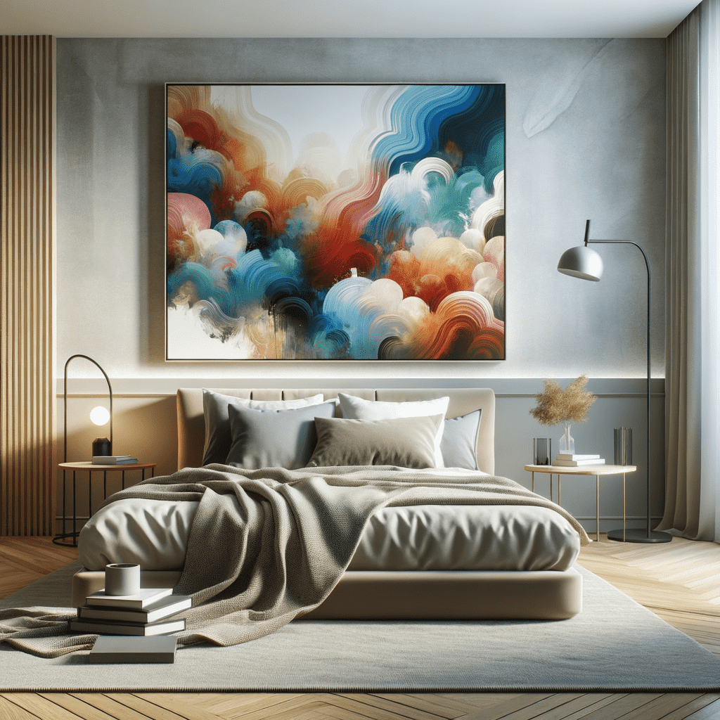 A modern bedroom featuring a large abstract painting with swirls of blue, white, and red above a plush bed, with minimalist furniture and soft lighting creating a warm, inviting atmosphere.