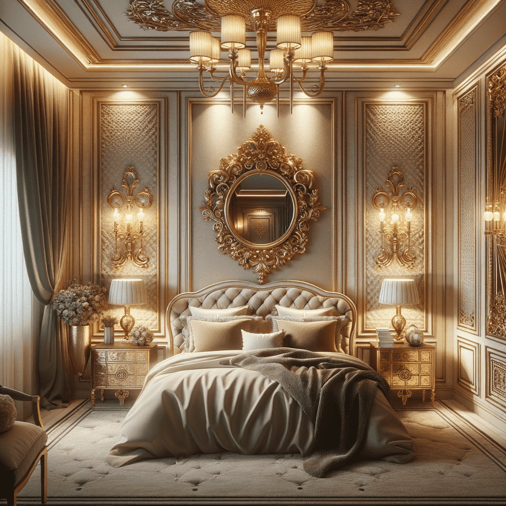 An opulent bedroom with an ornate golden mirror as the centerpiece of the wall decor, surrounded by elegant wall sconces and intricate moldings.