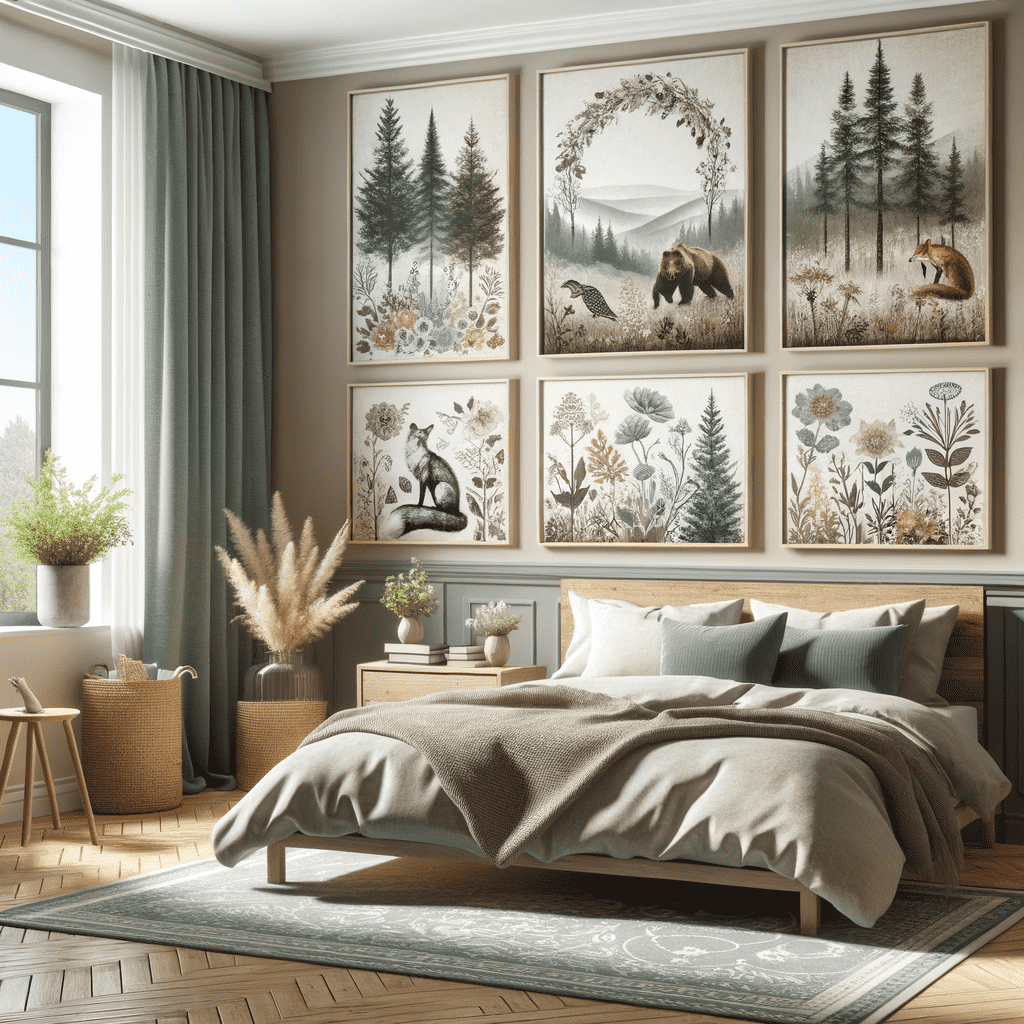 A cozy bedroom featuring a nature-themed wall decor with a series of framed artworks. The artworks depict forest scenes with animals and botanical illustrations, above a neatly made bed with earth-toned bedding.