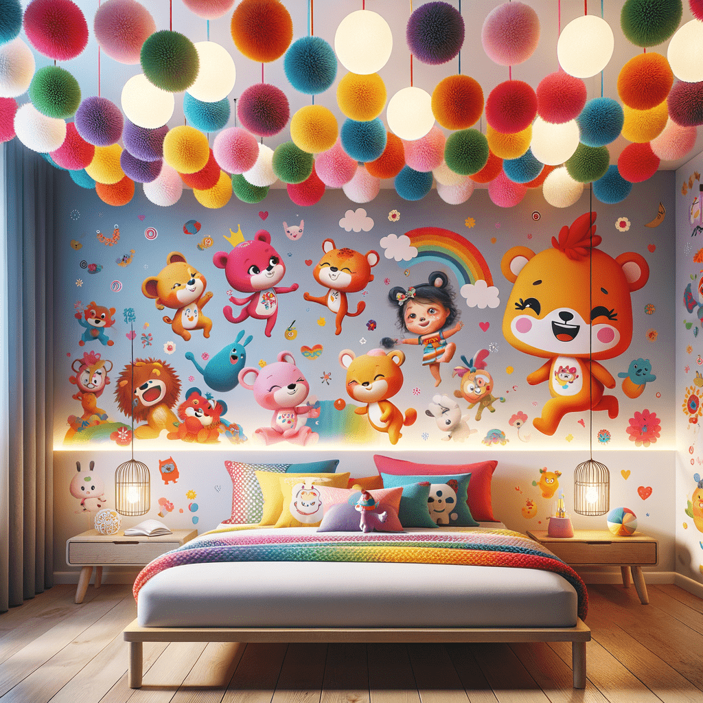 Alt text: A colorful cartoon-themed bedroom with a wall decorated with joyful animal characters, a ceiling adorned with a multicolored pom-pom installation, and a bed with matching bedding and plush toys.