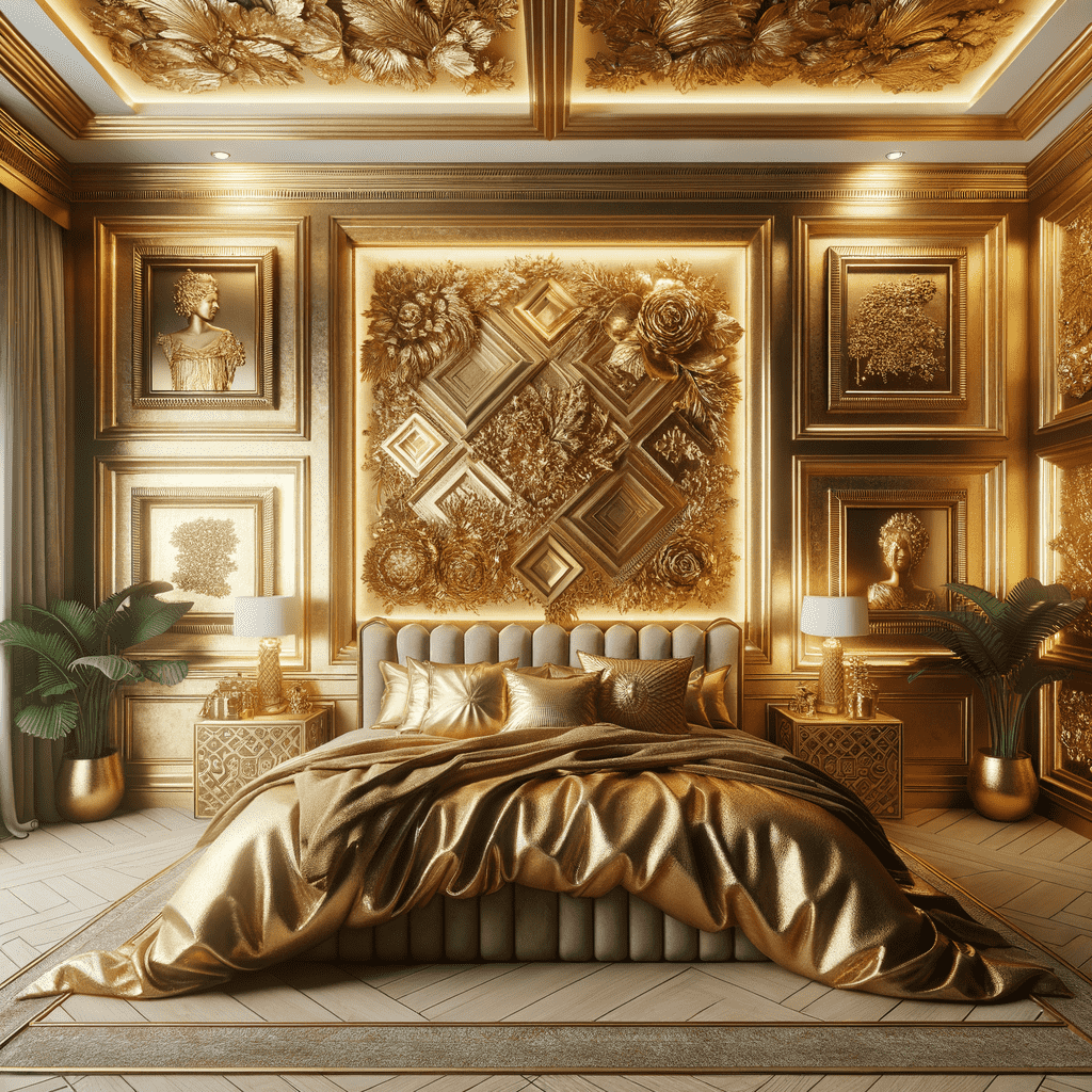 A luxurious bedroom with golden wall decor featuring various ornate frames and floral motifs, a large bed with gold bedding, and matching gold-accented furniture.