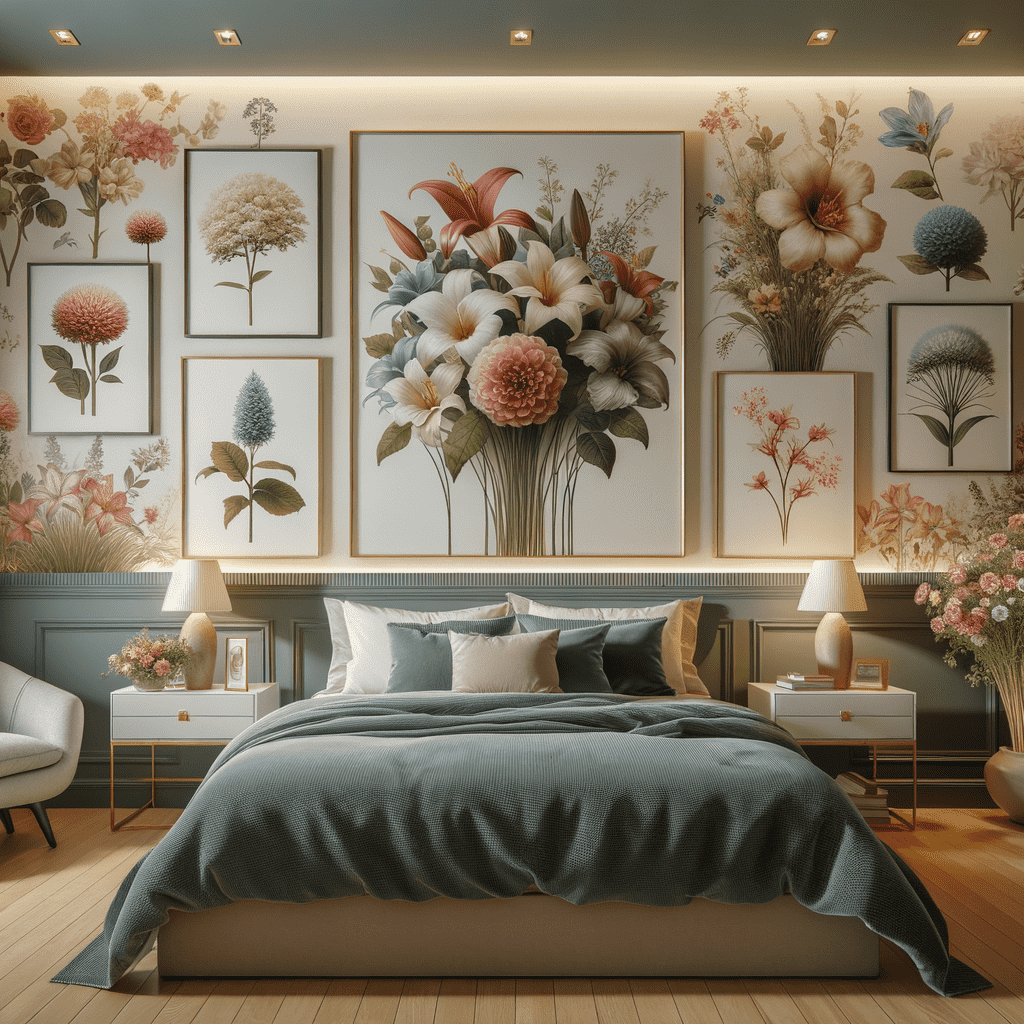 A luxurious bedroom with a botanical theme, featuring large floral art prints above the bed and complementary floral wallpaper on surrounding walls, accented with soft lighting and elegant decor.