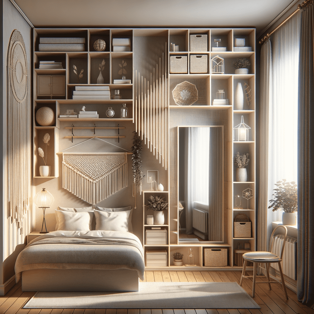 A cozy bedroom with a wall-to-wall shelving unit filled with decorative items, a large full-length mirror, a comfortable bed with neutral bedding, soft lighting, and a cohesive earth-toned color palette.