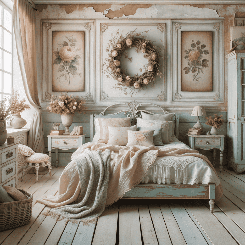 Vintage-style bedroom with pale blue wooden walls adorned with framed floral artwork and a wreath, complemented by a matching distressed bed frame with cream bedding and surrounding rustic decor.