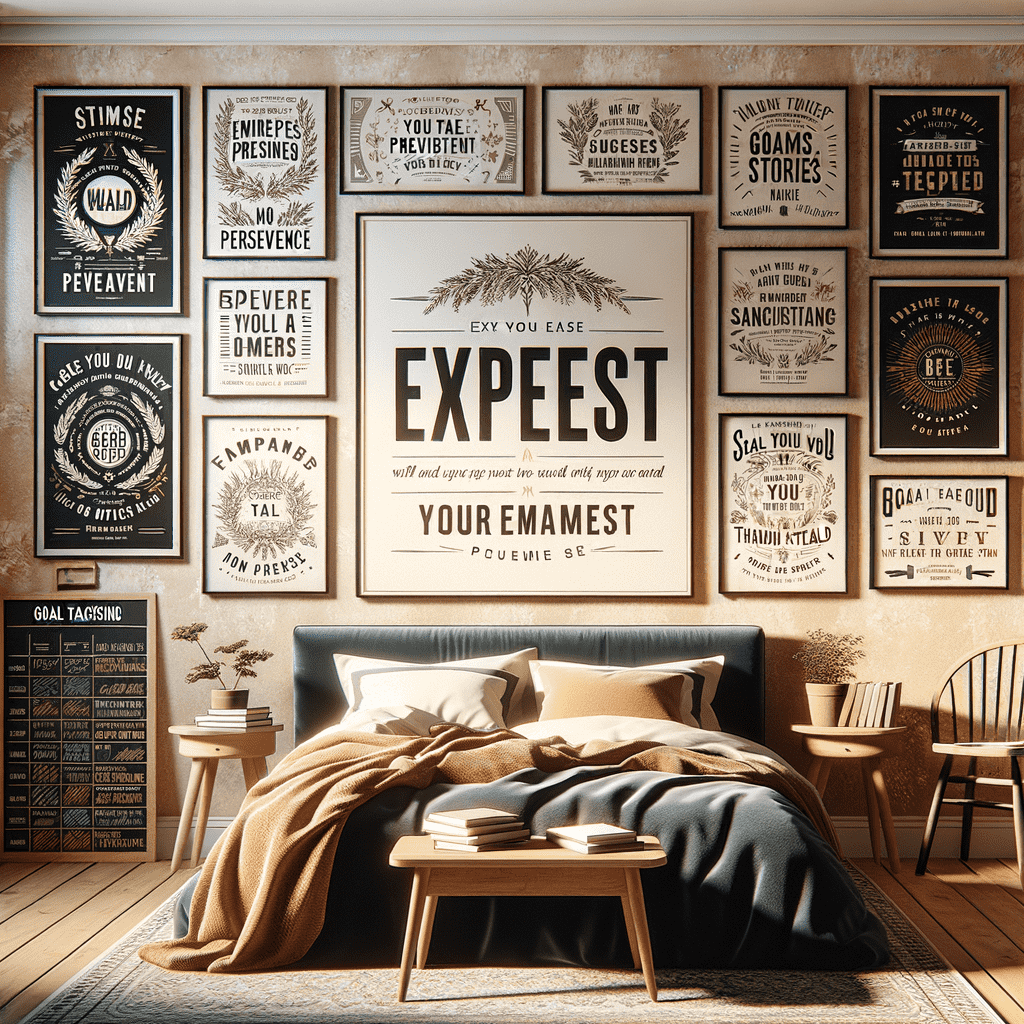 A bedroom with a wooden accent wall adorned with a collection of framed inspirational quotes and vintage-style posters in various sizes, above a cozy bed with white and navy blue bedding. A small wooden bench and a chair with a throw pillow are placed near the bed.