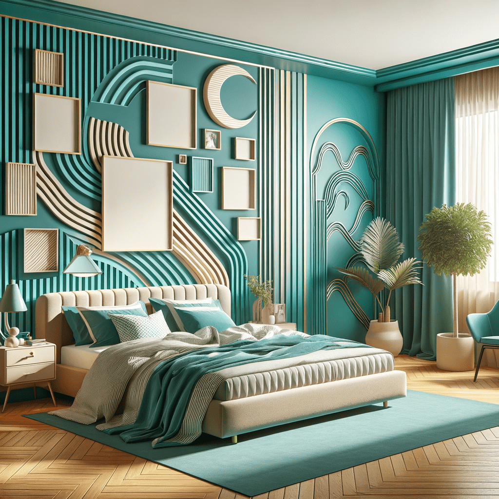 A modern bedroom with an artistic wooden wall decor featuring geometric patterns and empty frames, complemented by a turquoise color scheme with matching curtains, bedspread, and chair.