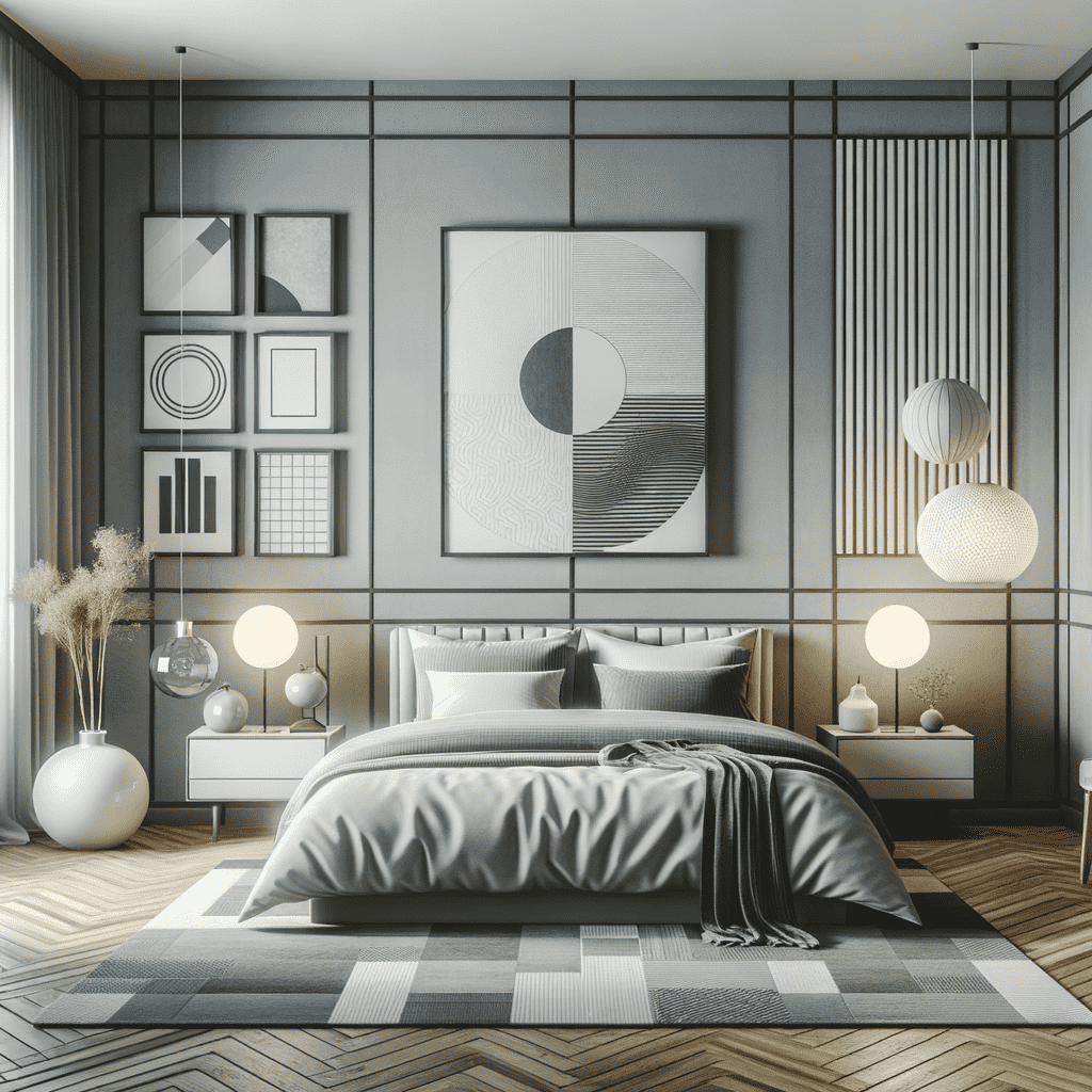 A modern bedroom with geometric wall panels and a symmetrical arrangement of black and white framed artwork above the bed, with sleek bedside lighting and minimalistic décor.