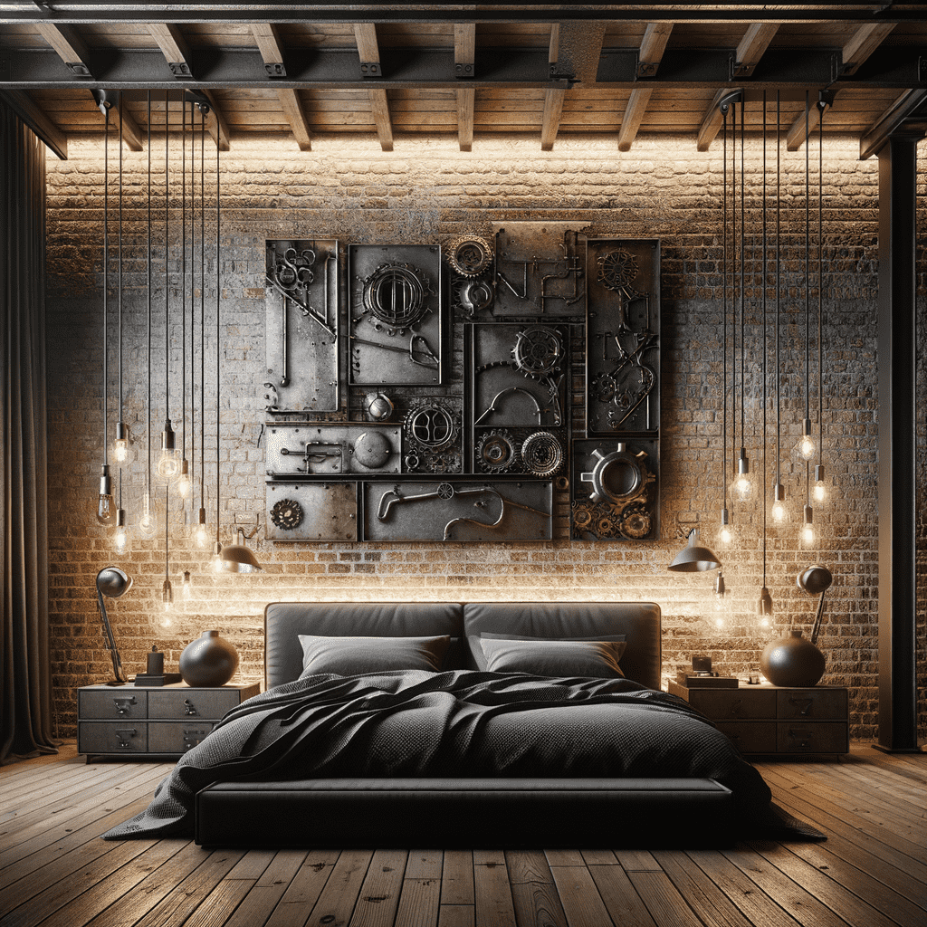 Alt text: A stylish bedroom featuring a large bed with black bedding in front of an exposed brick wall adorned with an industrial-themed metal wall art installation. Vintage-style hanging bulbs provide a warm ambiance, and wood beams accentuate the high ceiling.