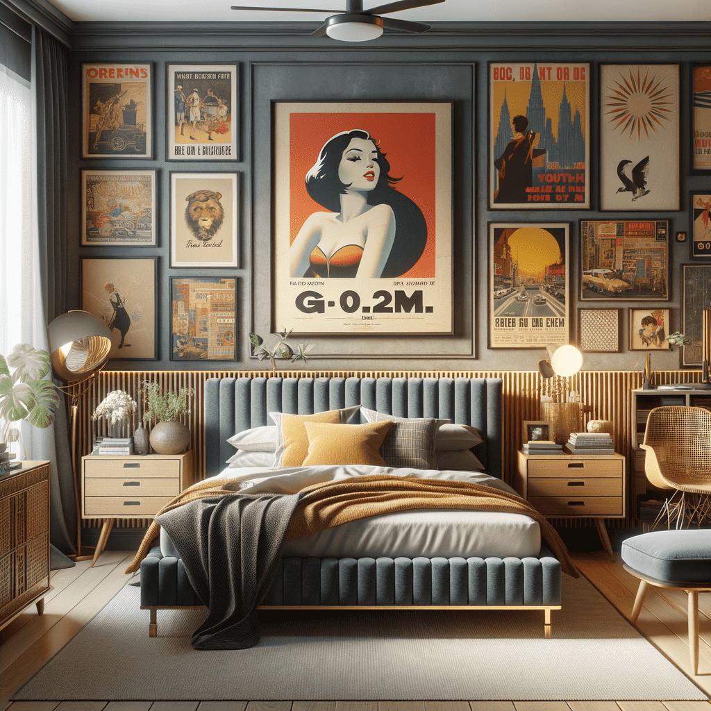 A stylish bedroom with eclectic wall decor featuring framed art, posters, and vintage signs, with a central large framed vintage-style poster of an illustrated woman above the bed. The room has a mid-century modern aesthetic with a blue and brown color scheme, wood furniture, and a neatly made bed with yellow accents.