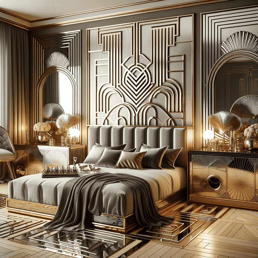 An opulent Art Deco style bedroom with a geometric-patterned black and gold wall, a plush bed with a tufted headboard, elegant mirrored bedside tables, and decorative lamps.