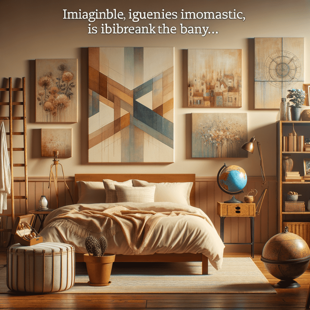Cozy bedroom with earth-toned wall decor, featuring a geometric wood art piece in the center flanked by paintings of flowers and landscapes, illuminated by warm lighting.
