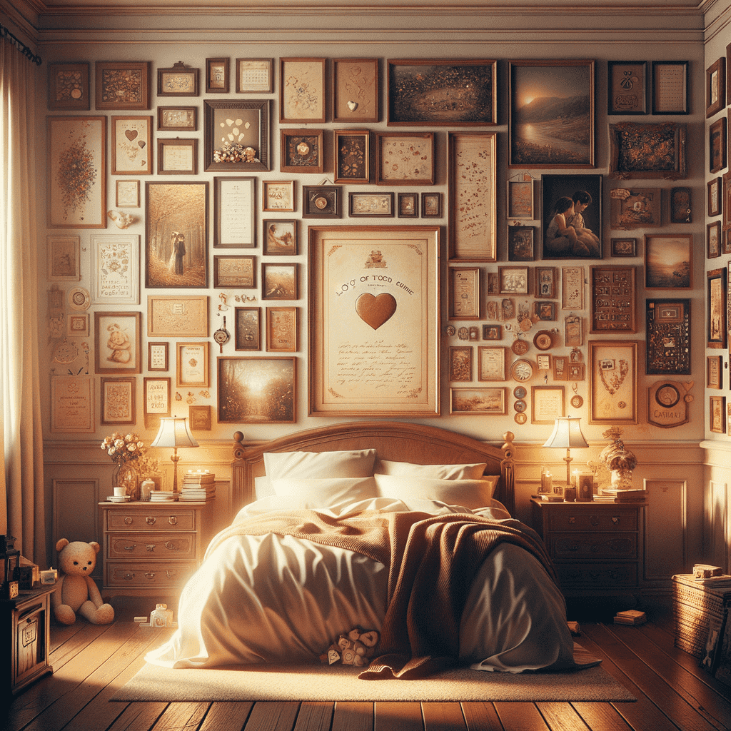 A cozy bedroom with an extensive gallery wall filled with framed artwork and photographs above the headboard, warm lighting, and a plush bed with a teddy bear sitting on the floor.