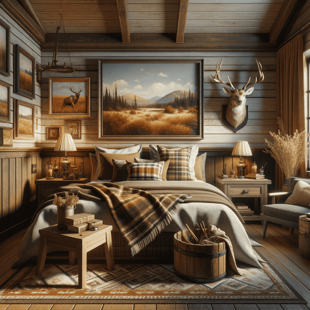 A rustic bedroom with a large landscape painting above the bed, flanked by wall-mounted lamps and a deer head trophy. Wooden walls and a cozy bed with plaid bedding complement the warm, cabin-like atmosphere.
