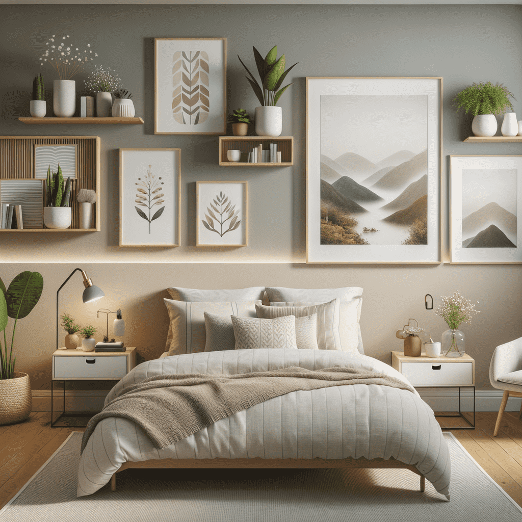 A modern bedroom featuring a neatly made bed with white and beige bedding and a series of framed artworks and plant decorations arranged on the wall above. Two bedside tables with lamps, books, and plants flank the bed, contributing to the cozy and stylish ambiance.