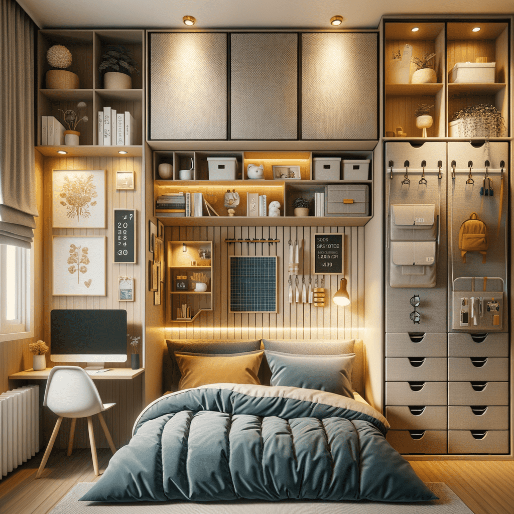 Cozy bedroom with a wall full of storage units above the bed, a stylish work area to the left, and an organized nook with hanging elements on the right. Decor includes warm lighting and framed artwork.