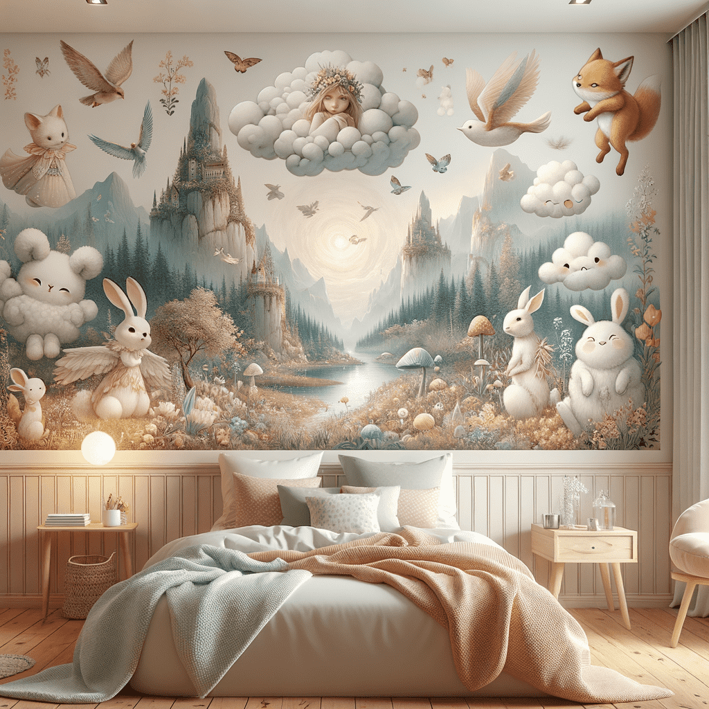 A whimsical bedroom with a wall decorated with a large fairytale-themed mural featuring cute animals, clouds, and a fantasy landscape.