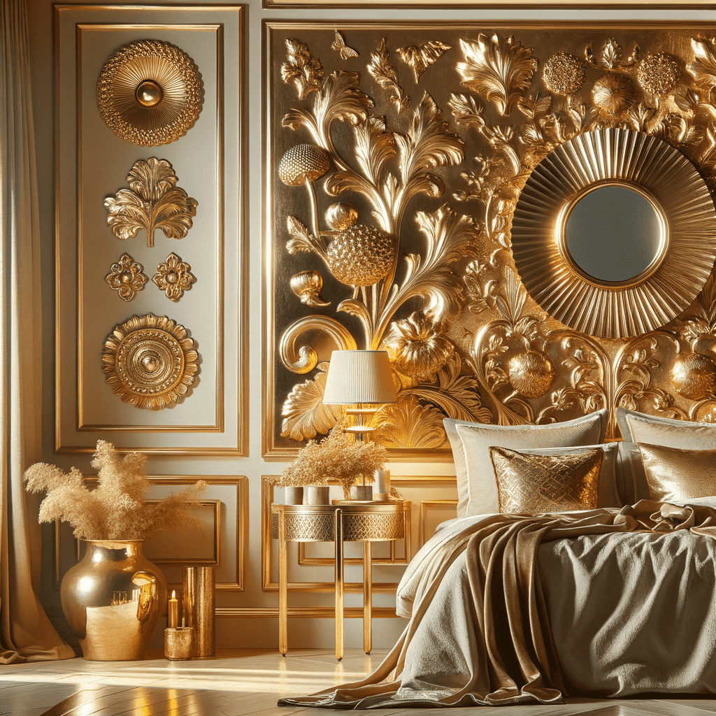 Luxurious bedroom with ornate golden wall decor featuring floral and botanical designs, with a matching sunburst mirror. Elegant bedside tables and accessories accompany the theme.