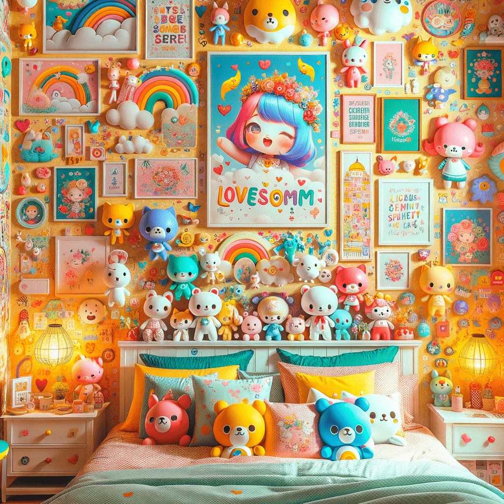 Colorful bedroom with a wall covered in a variety of whimsical decorations, including posters, vinyl figures, toys, and artwork, with a bed in the foreground adorned with vibrant pillows.