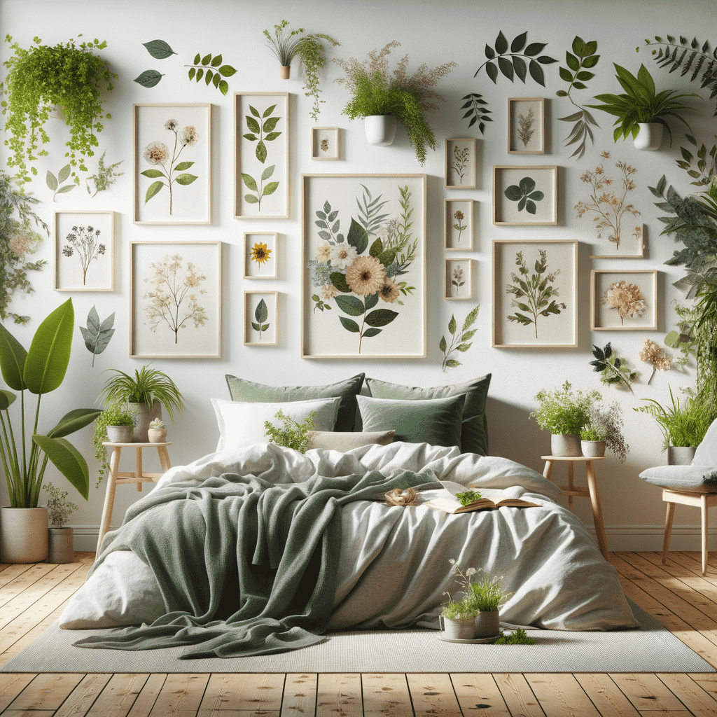 A cozy bedroom with botanical-themed wall decor featuring framed pictures of plants and flowers, complemented by hanging and potted greenery, creating a natural and tranquil atmosphere.