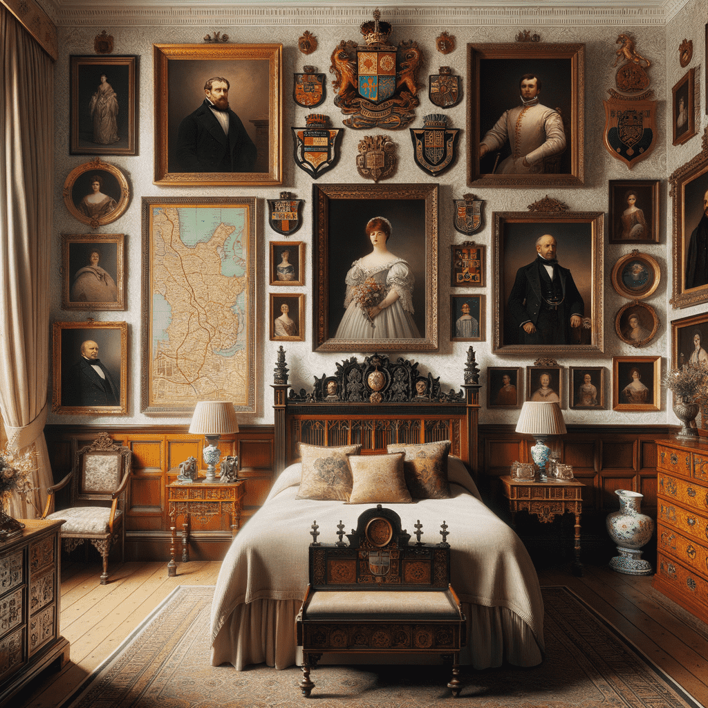 An ornately decorated bedroom with a gallery wall of classical portraits and heraldic crests, featuring a bed with dark wood accents and a coordinated color scheme that complements the antique-style furnishings.