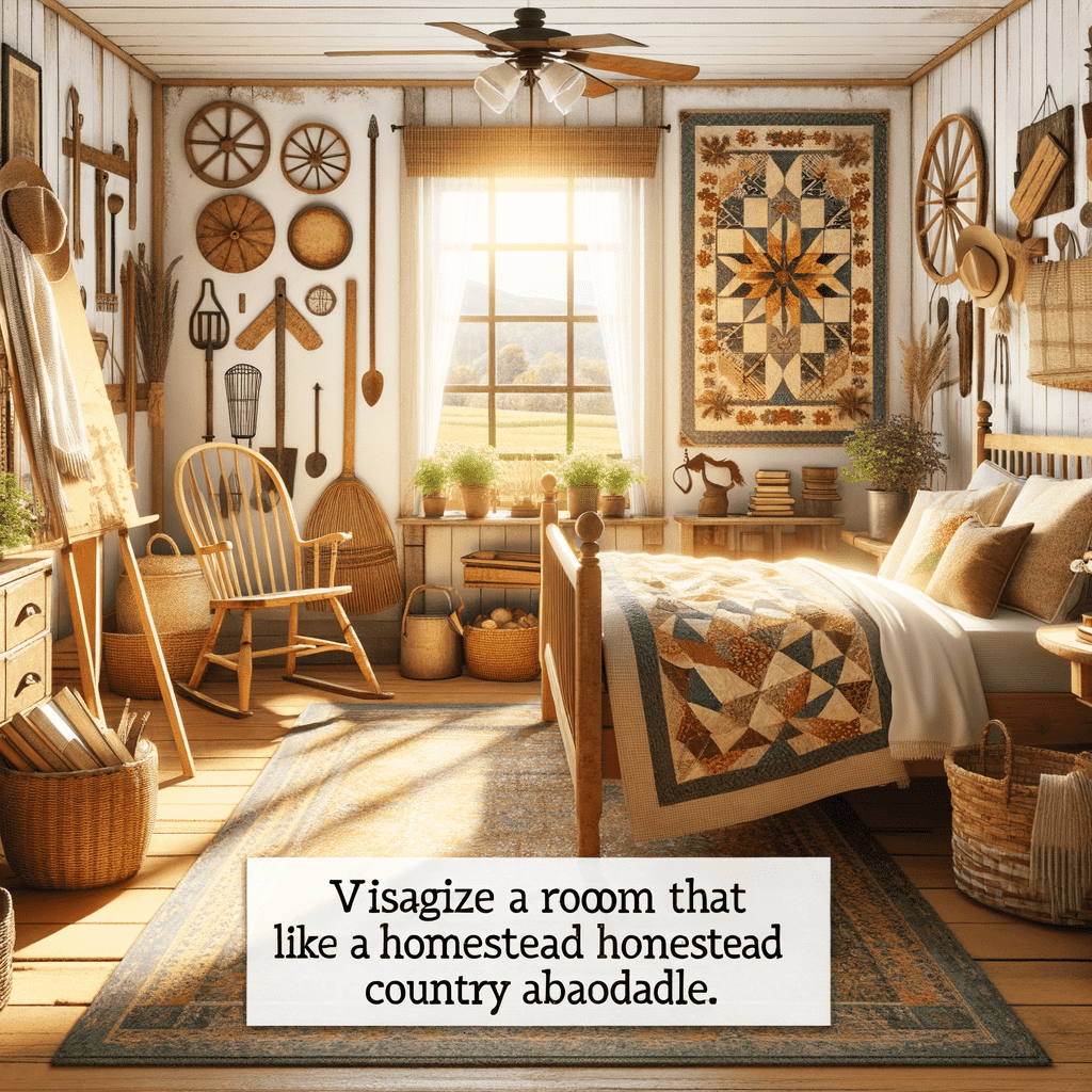 A cozy bedroom with rustic wall decor, featuring an assortment of vintage items such as wheels, baskets, and tools, accompanied by a quilted bedspread and warm wooden furniture, creating a homestead-inspired ambiance.