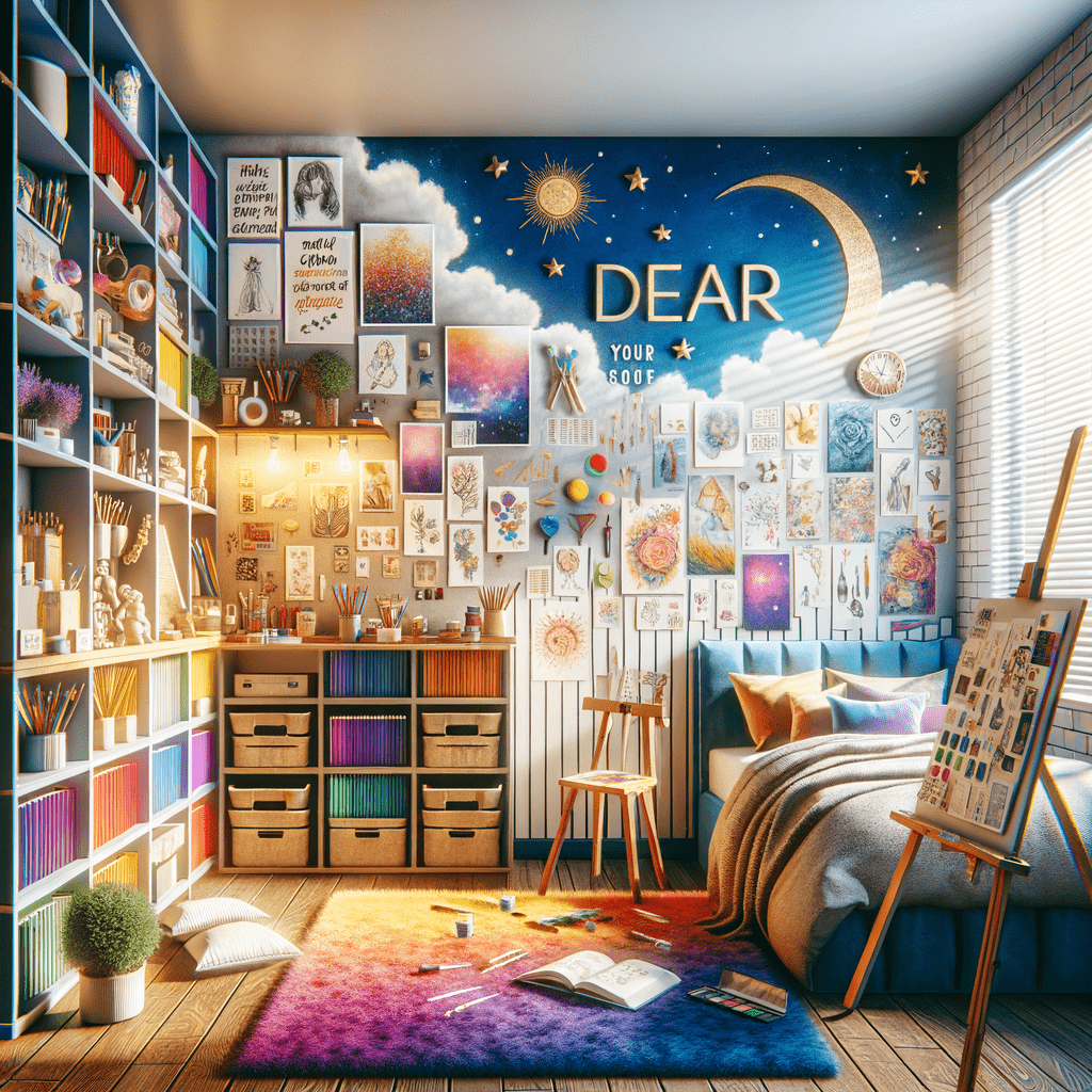 A vibrant and artistically decorated bedroom with a wall covered in various framed pictures, posters, and celestial-themed decor. The centerpiece of the wall is large text that reads "DEAR" with starry illustrations around it. The room has a cozy bed to the right, a creative workspace with canvas and paints to the left, and colorful rugs and plants accentuating the liveliness of the space.