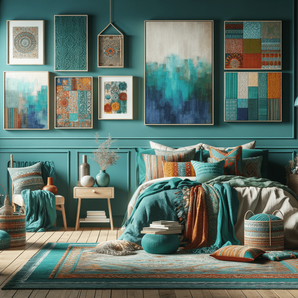 A cozy bedroom decorated in rich teals and blues, with a selection of artistic wall hangings above the bed that feature various abstract and geometric designs, complementing the color scheme of the room and bedding.