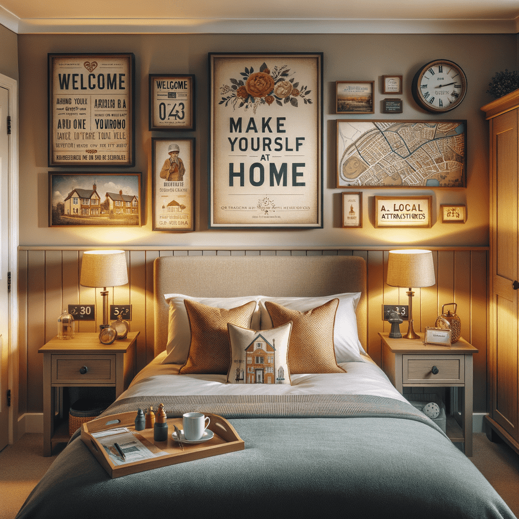 A cozy bedroom with a large bed flanked by two nightstands and golden-yellow lamps. Above the bed is a gallery wall featuring an assortment of framed art pieces, including a "Welcome" sign, a floral print with "Make Yourself at Home," a map, and various decorative wall hangings. The room has rich wooden paneling and warm lighting, creating a comfortable and inviting atmosphere.