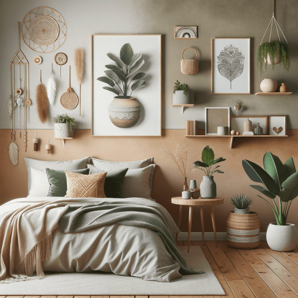 A cozy bedroom with a beige wall decorated with a variety of wall art including framed botanical prints, hanging planters, a dream catcher, and geometric shapes. The bed is adorned with comfortable pillows, a throw blanket, and there are plants and decorative items on a wooden bedside table and shelves.