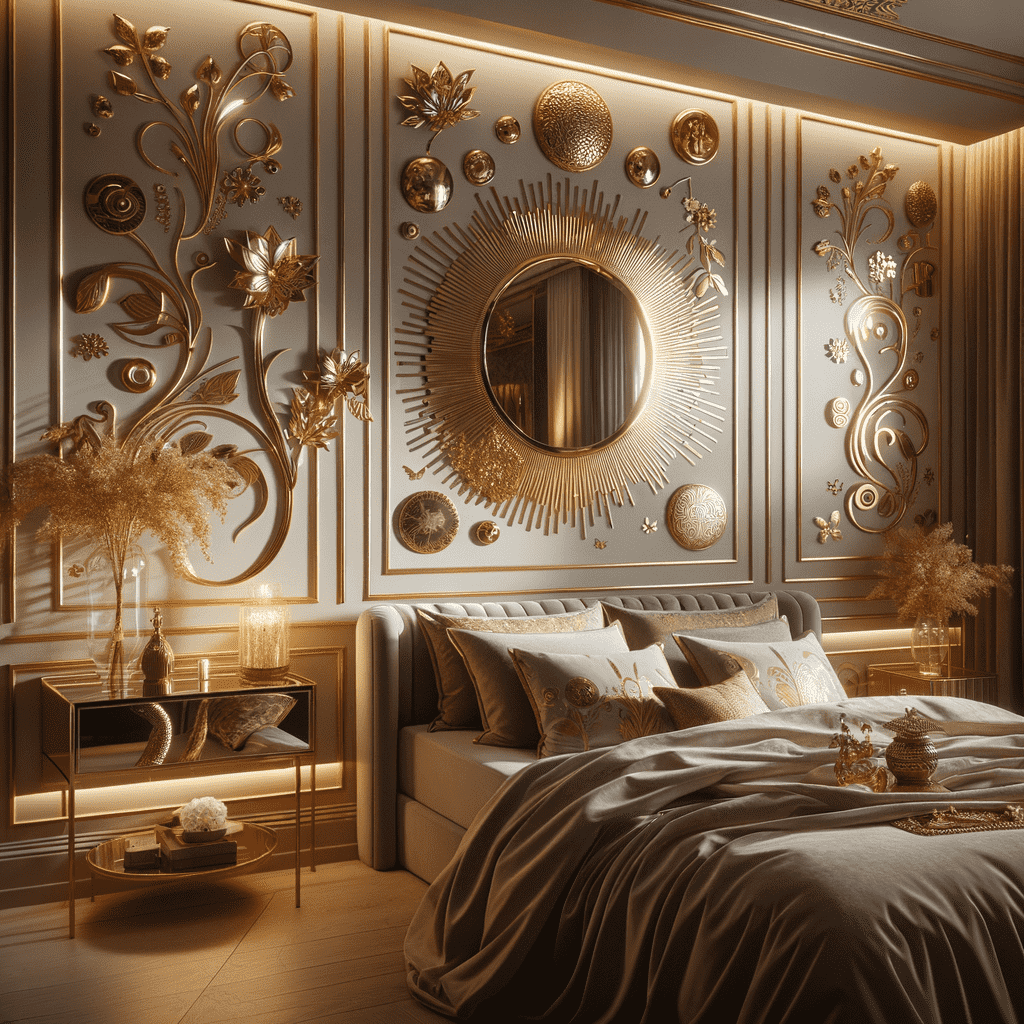 An opulent bedroom featuring a decorative wall with gold accents, a central round mirror, ornate patterns, and various sculptural elements. The room has a bed with plush bedding and pillows, and ambient lighting enhances the luxurious atmosphere.