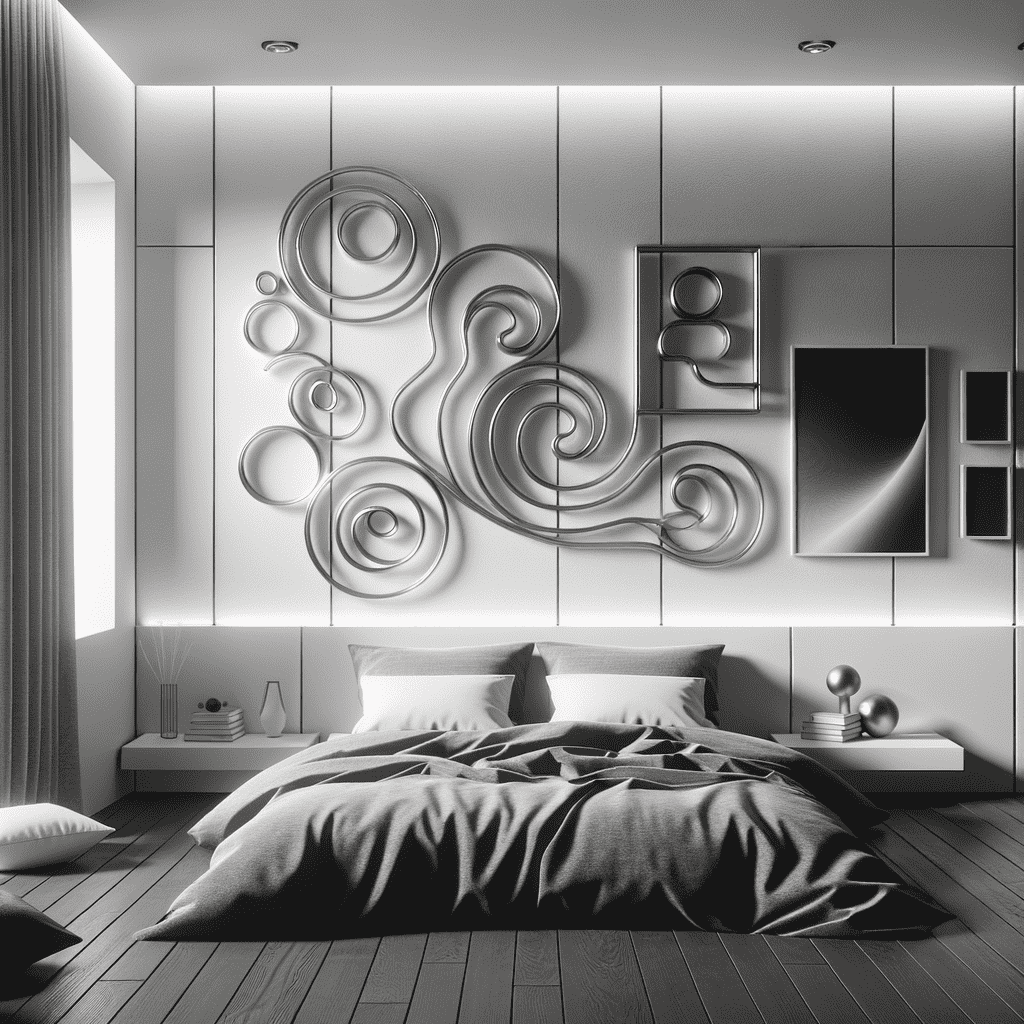A modern bedroom featuring a bed with gray bedding and an artistic wall decor composed of illuminated abstract circular shapes on a panelled wall.